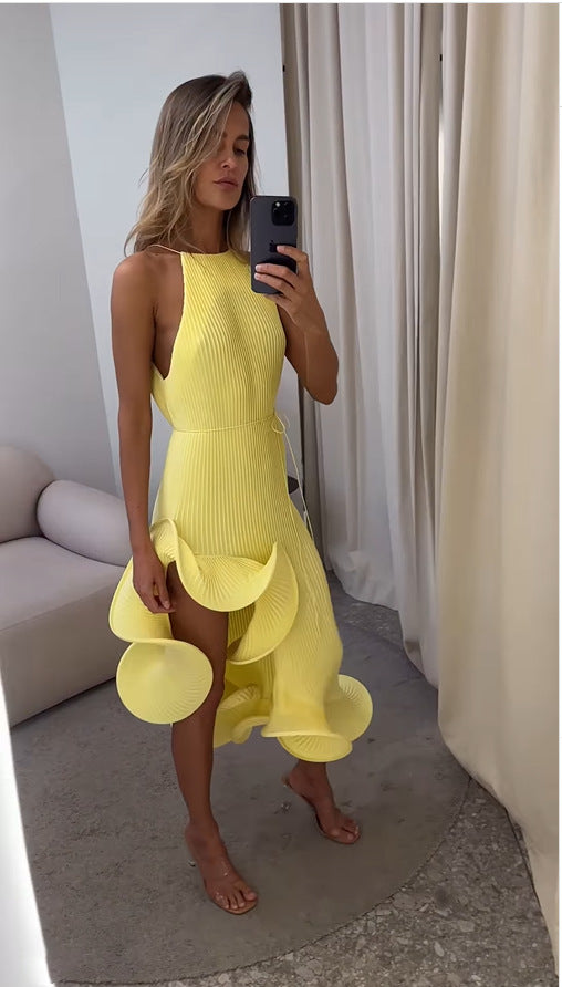 Damen Maxikleid mit asymmetrischem Volant und elegantem Faltenrock Drune