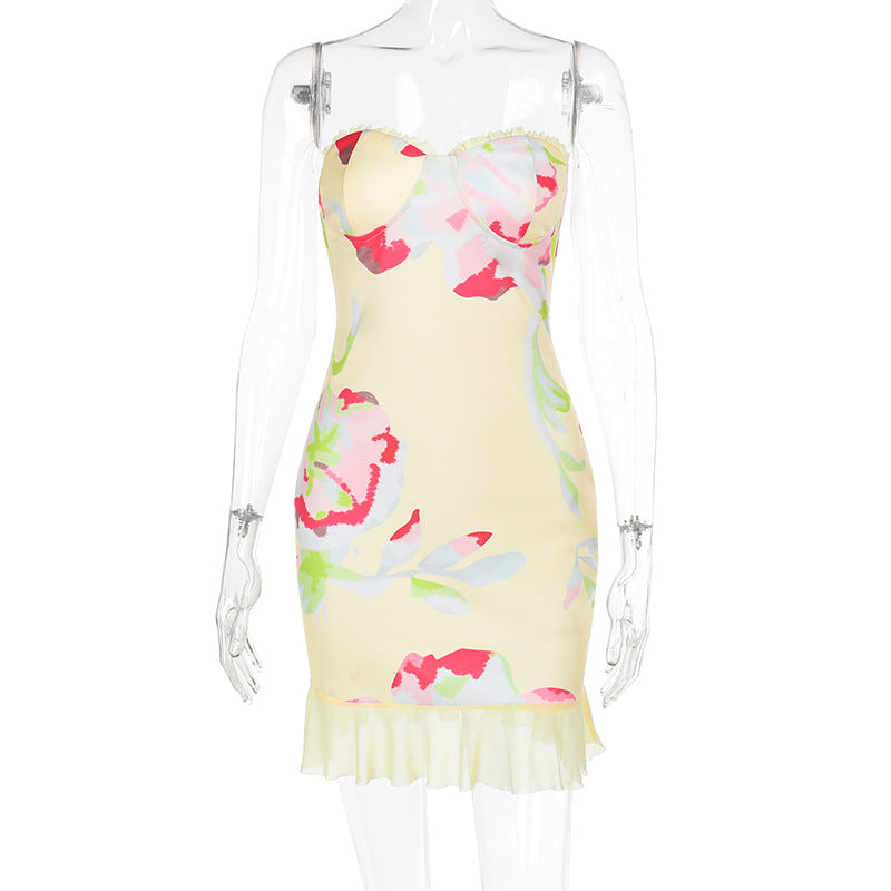 Damen ärmelloses Minikleid mit floralen Mustern und Rüschensaum Drune