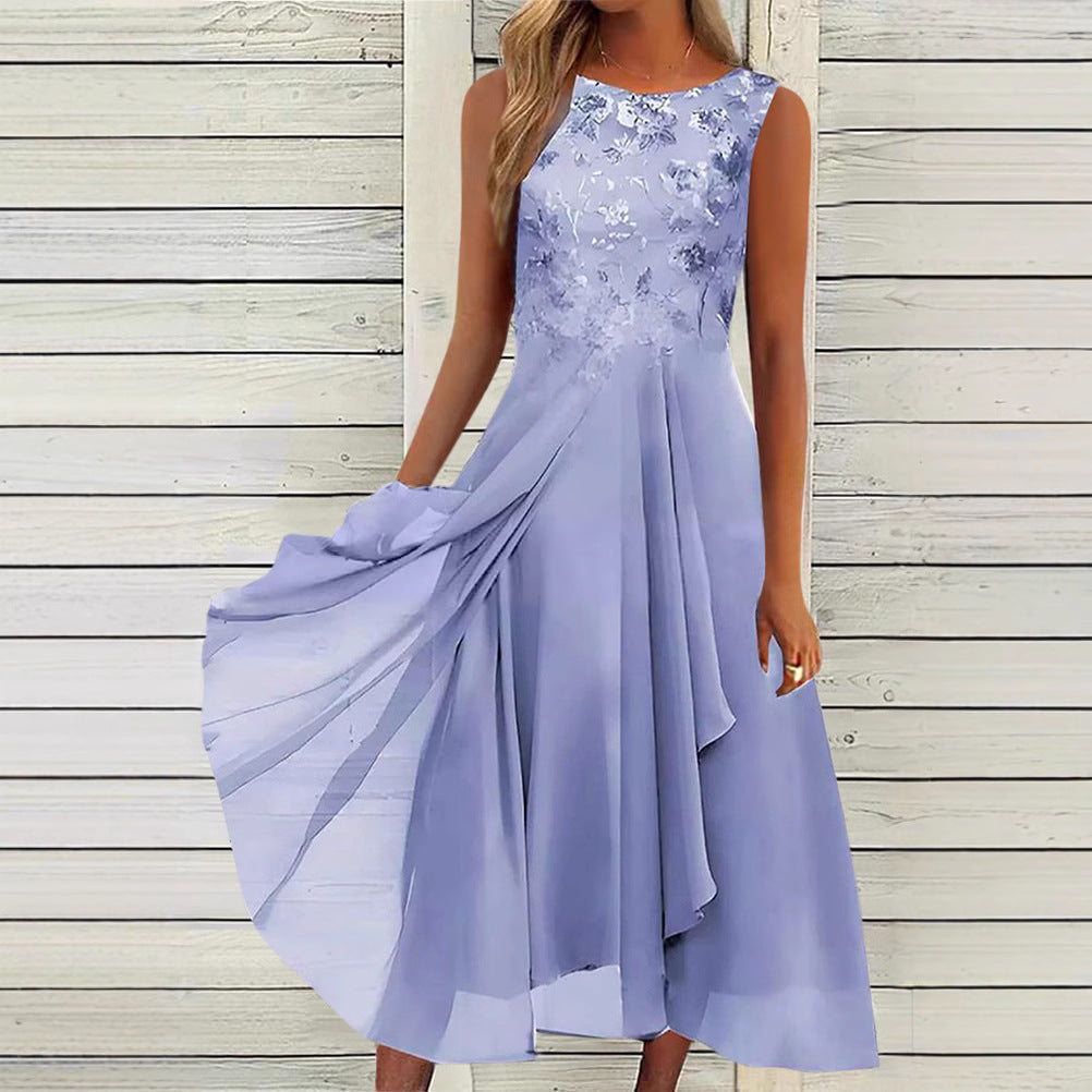 Damen nan ärmelloses Chiffon-Midikleid mit bestickter Brustpartie und asymmetrischem Lagenrock Drune