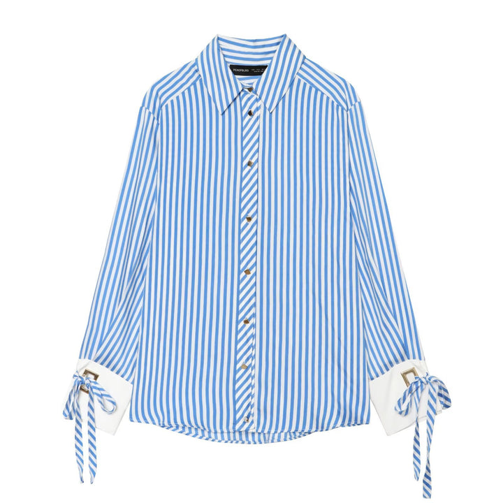 Damen Oversize-Bluse mit Streifen, abgesetzten Manschetten, Schleifendetail und Zierknöpfen Drune