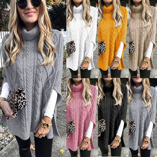 Damen Grobstrick-Poncho mit hohem Kragen und Zopf-Design Drune