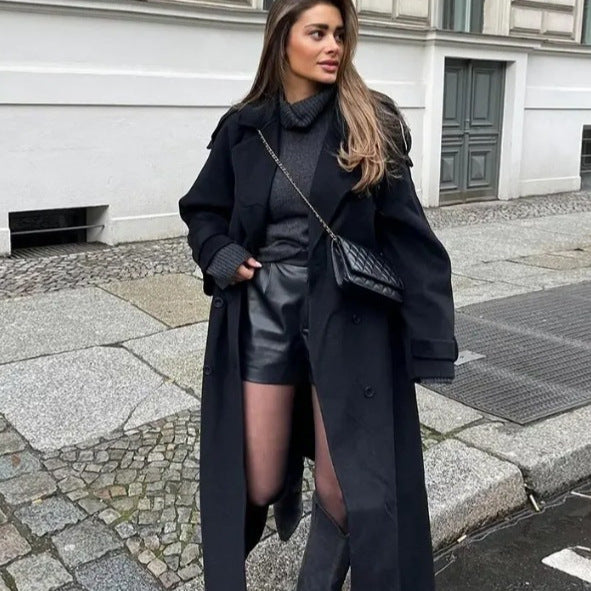 Damen Eleganter Long-Trenchcoat mit strukturiertem Stehkragen Drune