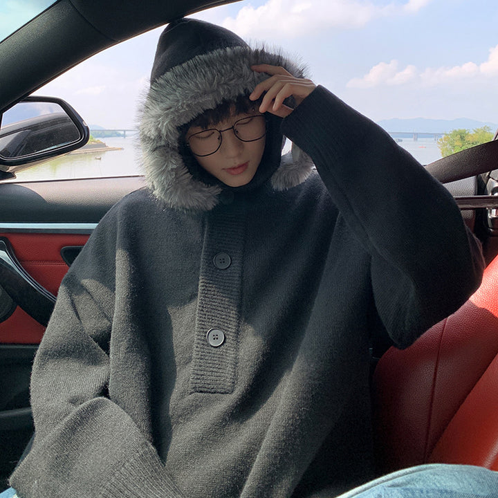 Damen Oversized Hoodie mit Kapuze und Fellrand Drune