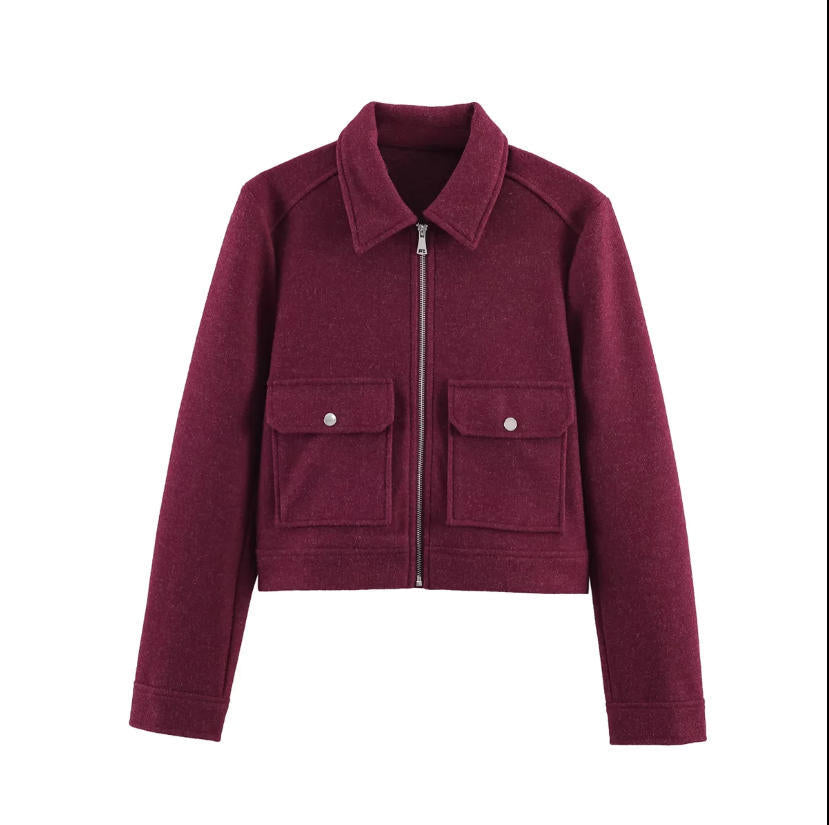 Damen 70+ kurze Wollmix‑Blousonjacke mit Reißverschluss, Hemdkragen und Pattentaschen Drune