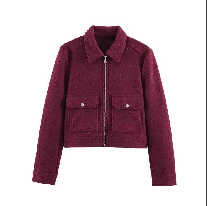 Damen 70+ kurze Wollmix‑Blousonjacke mit Reißverschluss, Hemdkragen und Pattentaschen Drune
