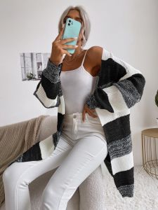 Damen Lässiger Strickmantel mit Streifen Drune