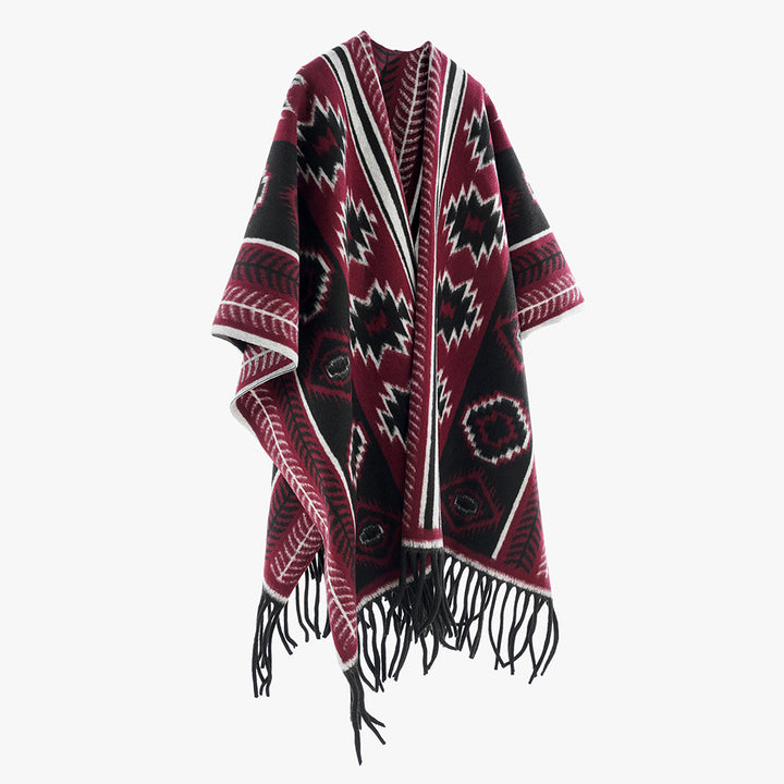 Damen Ethno-Jacquard-Poncho mit Fransen und offenem Oversize-Fall Drune
