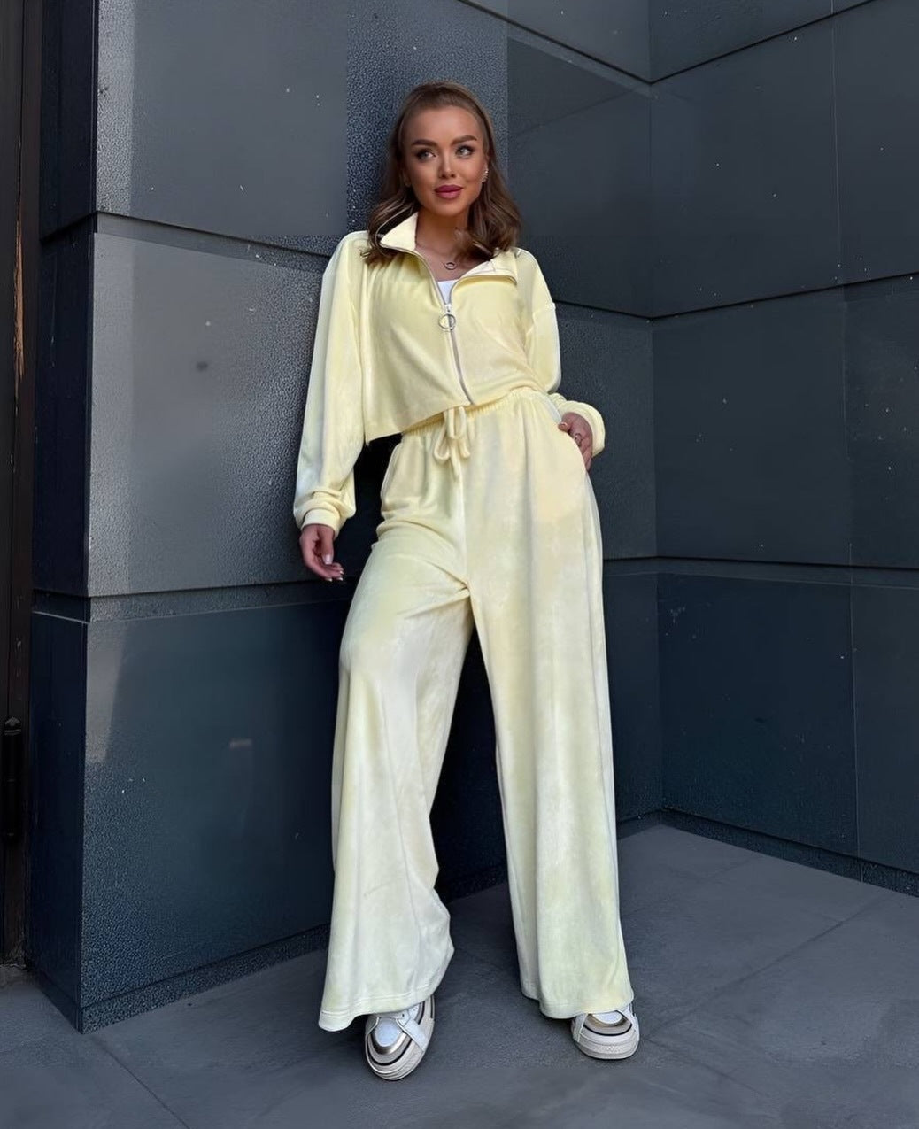Damen gekürztes Velours-Cropped-Hoodie mit Stehkragen und elastischer High-Waist-Palazzo-Jogginghose Drune