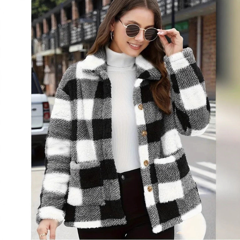 Damen nan gefütterte Karo Teddy-Fleece Shacket mit Knopfleiste und aufgesetzten Taschen Drune
