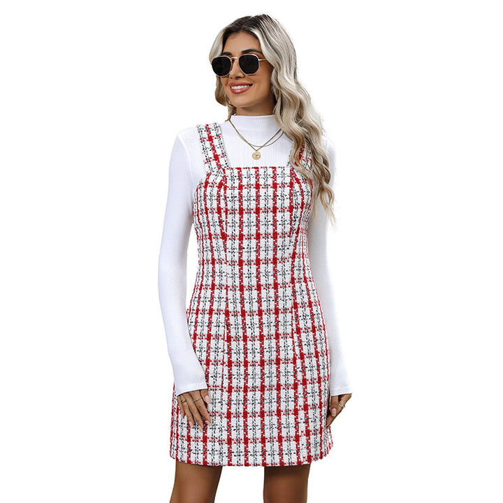 Damen Tweed Latzkleid mit Karomuster und figurbetonter A‑Linien‑Silhouette Drune