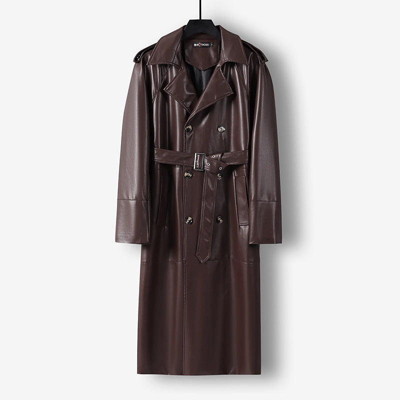 Herren Langer Kunstleder-Trenchcoat mit Doppelreiher, Taillengürtel und Schulterklappen Drune