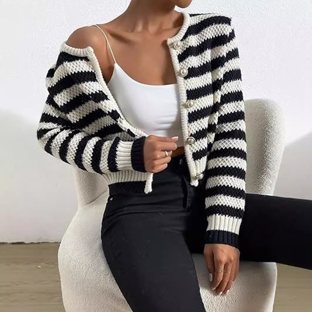 Damen gestreifte Strickjacke mit dekorativen Knöpfen Drune