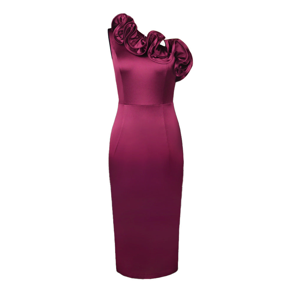 Damen elegantes Abendkleid mit schulterfreiem Design und voluminösen Rüschen Drune