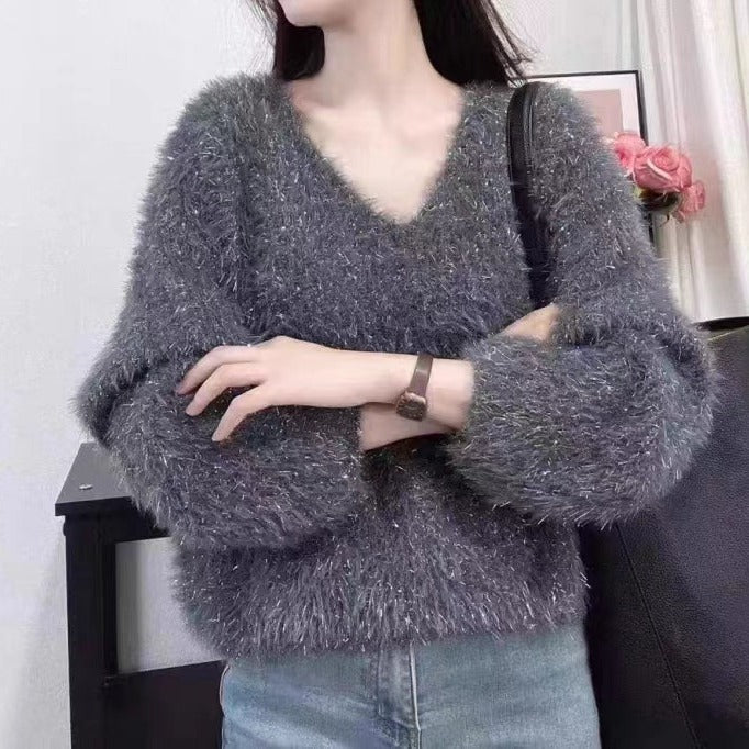 Damen Flauschiger V-Ausschnitt Pullover mit langem Arm und Glitzerfäden Drune