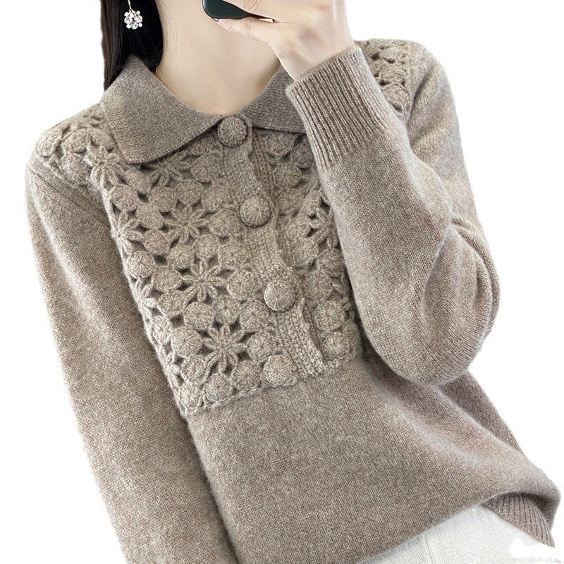 Damen Strickpullover mit gehäkelter Ajour‑Blende und Polokragen Drune