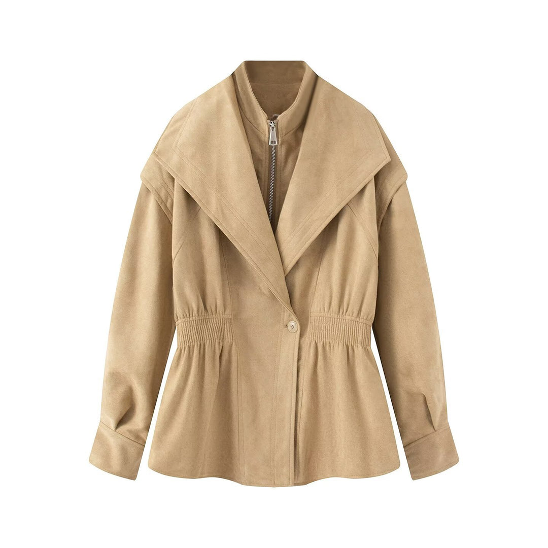 Damen Taillierte Jacke in Wildlederoptik mit großem Schalkragen, Reißverschluss und geraffter Taille Drune