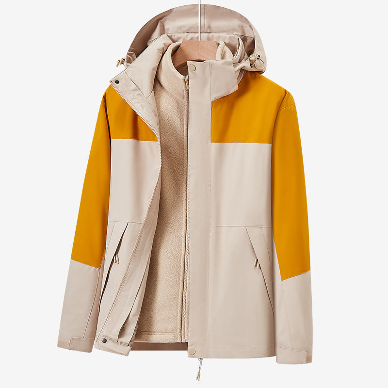 Unisex zweilagige wasserabweisende Outdoorjacke mit Kapuze und Colorblock-Design Drune