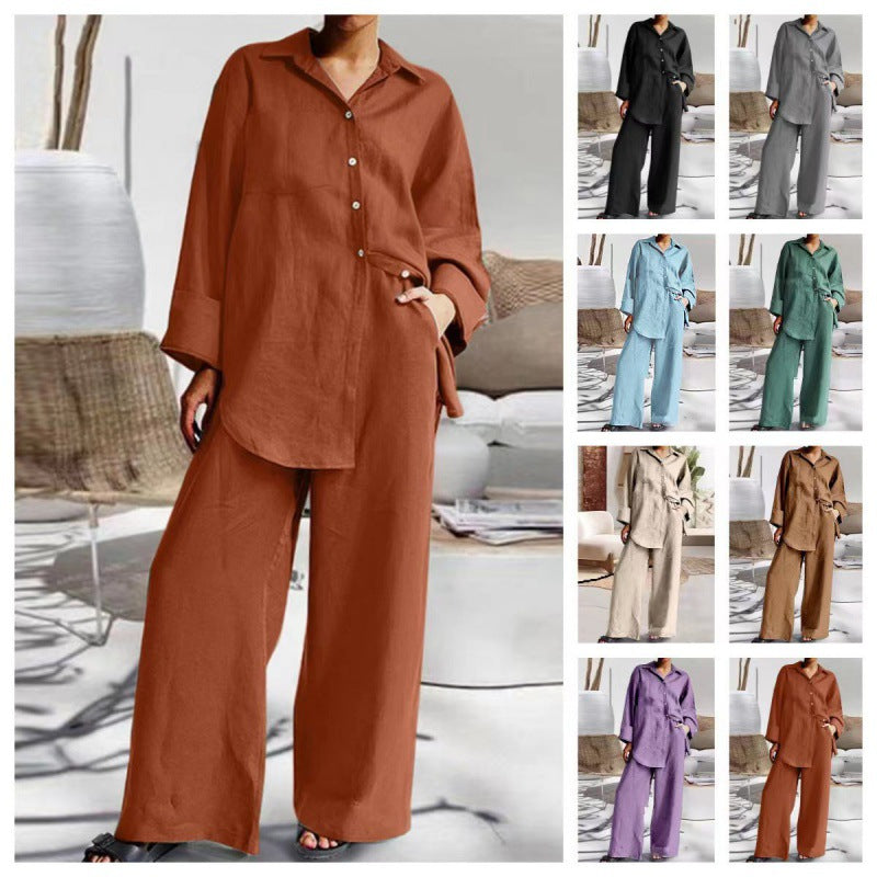 Damen Leinen-Lounge-Set mit weitem Hemd und Palazzo-Hose Drune