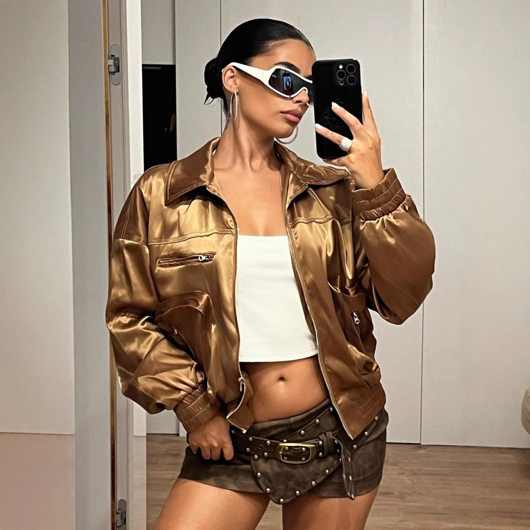 Damen Bomberjacke im glänzenden Satin-Look mit seitlichen Reißverschlusstaschen Drune