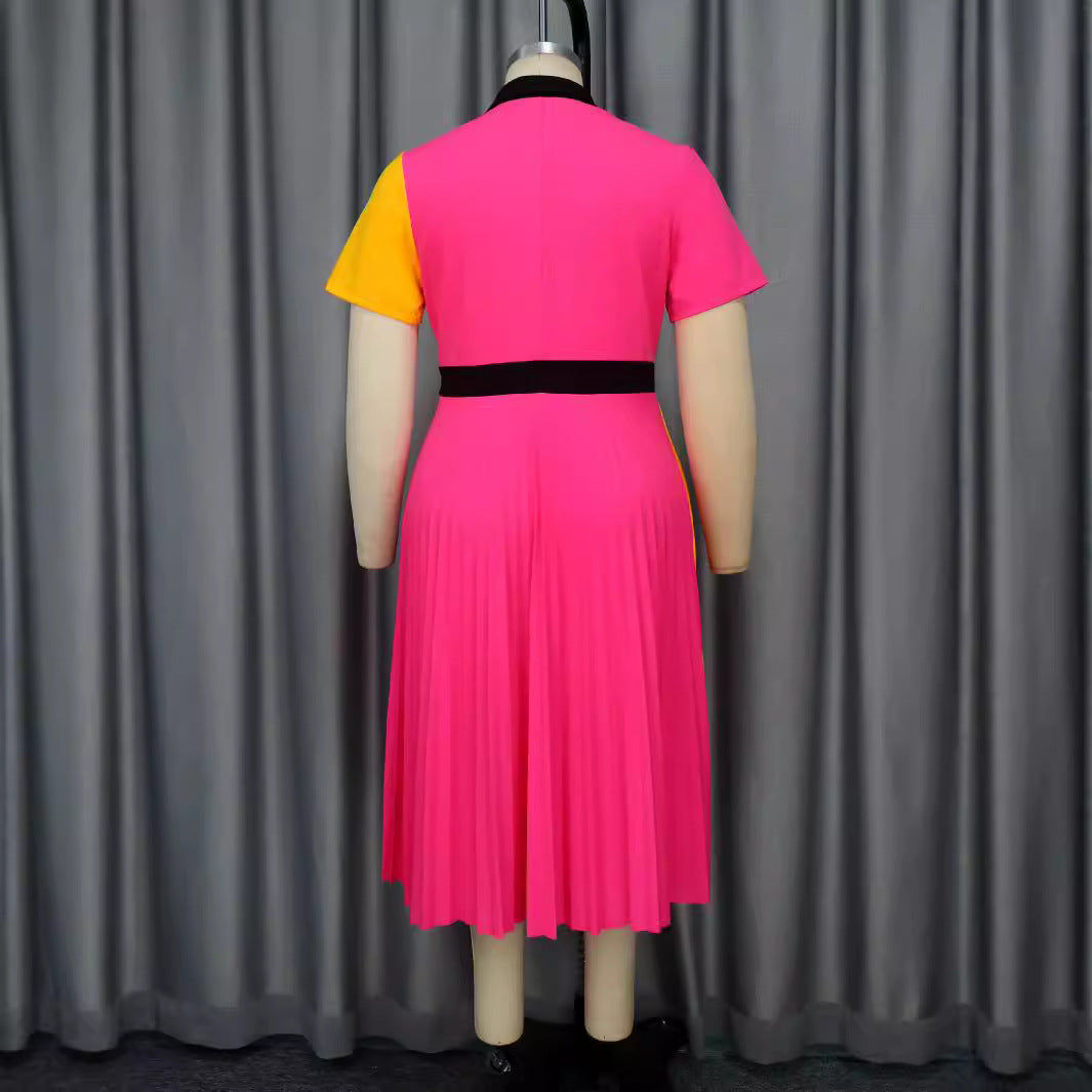Damen plissiertes Kleid mit Umschlagkragen und kontrastierenden Farbblöcken Drune