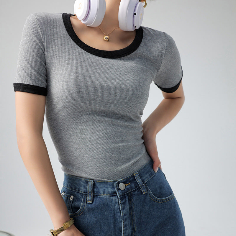 Damen kurzärmliges Shirt mit geometrischem Rippdesign und Kontrastdetails Drune