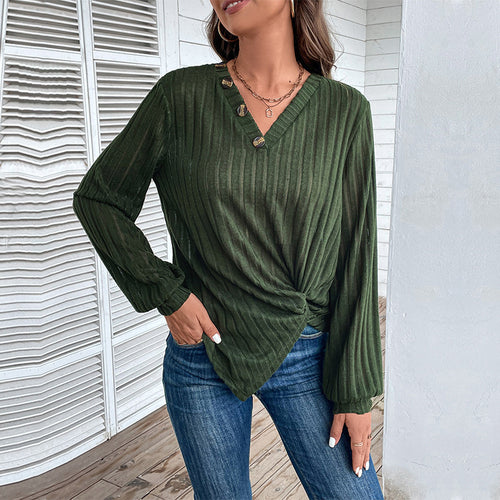 Damen Tailliertes Rippstrick-Longsleeve mit V‑Ausschnitt, Knopfleiste und Twist‑Knoten Drune