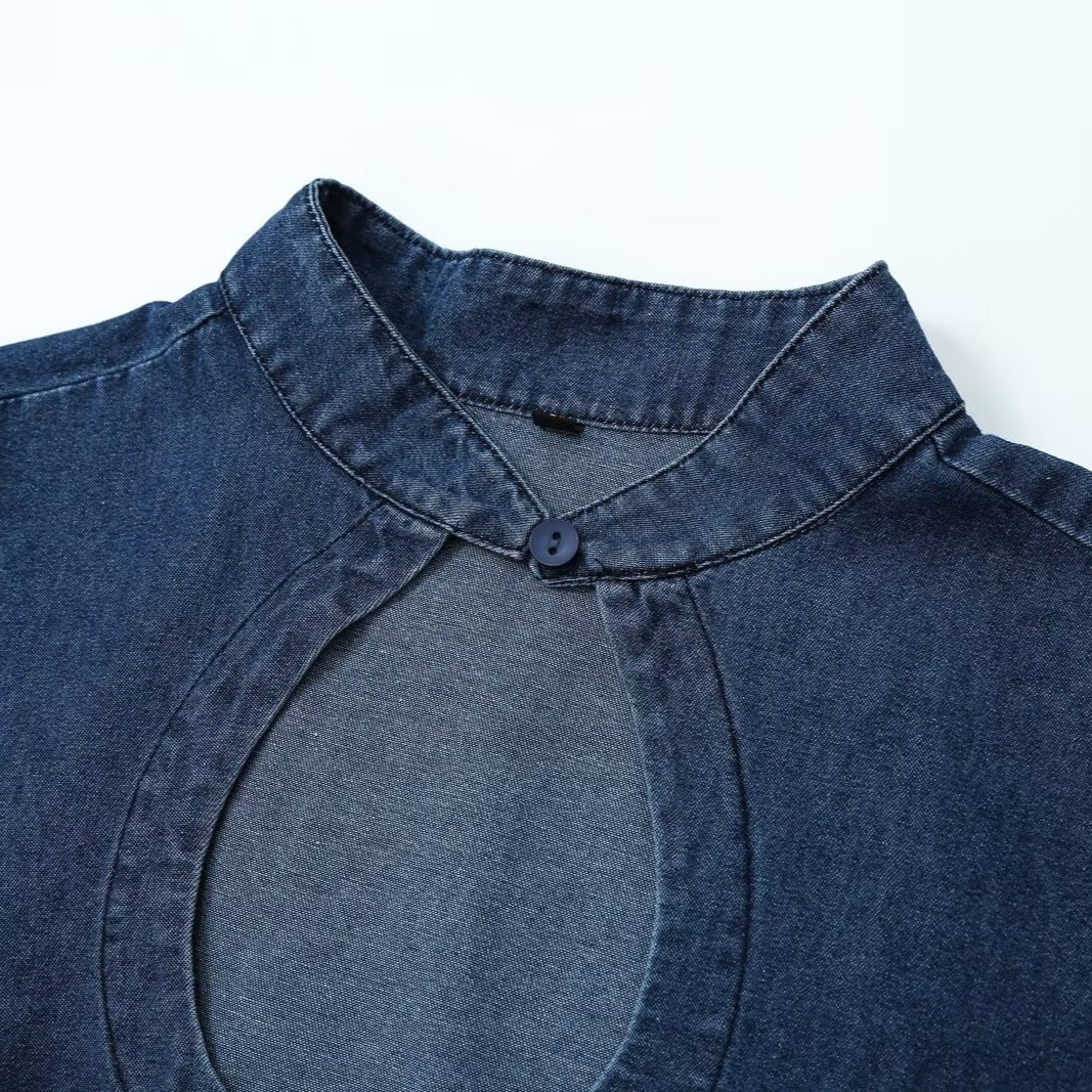 Damen Tailliertes Jeans-Top mit Schlüsselloch-Ausschnitt und durchgehender Knopfleiste Drune