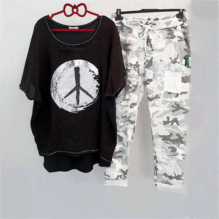 Damen nan lässiges Freizeit-Zweiteiler mit weit geschnittenem Leinenoptik-Shirt, Peace-Symbol und Camouflage-Jogpant mit Patchdetails Drune