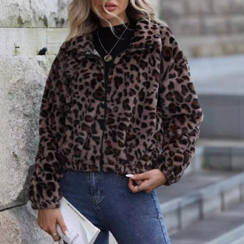 Damen kuschelige Fleecejacke im Leopardenmuster Drune