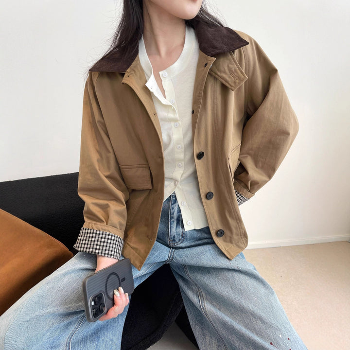 Damen Kurzjacke im Worker-Stil mit Cordkragen und aufgesetzten Pattentaschen Drune