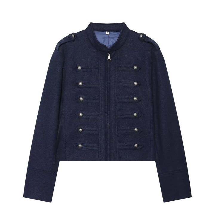 Damen Militärisch inspirierte Cropped Wollmix-Jacke mit Zierknopfreihe und Stehkragen Drune