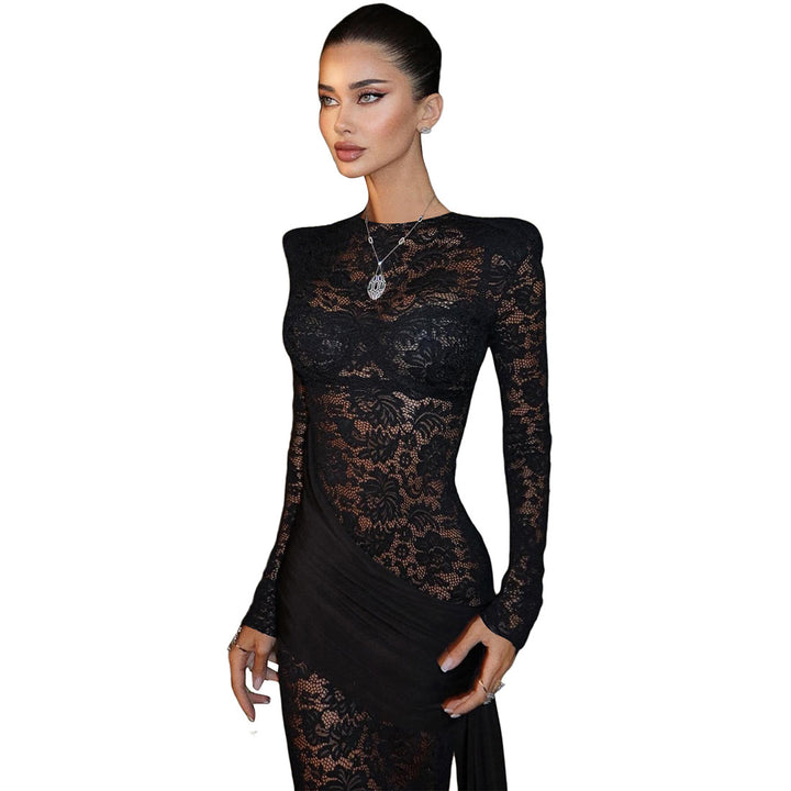 Damen Elegantes Spitzenkleid mit langem Arm und raffinierter Drapierung Drune
