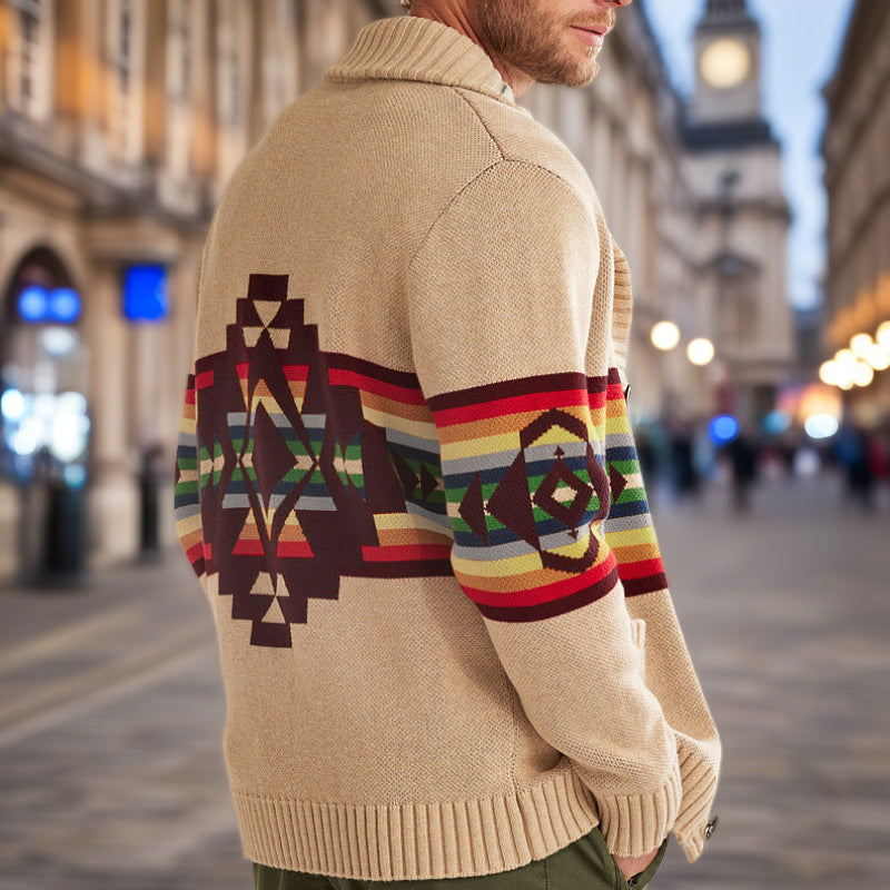 Herren Strickjacke mit bunten Mustern und gemütlichem Schalkragen Drune