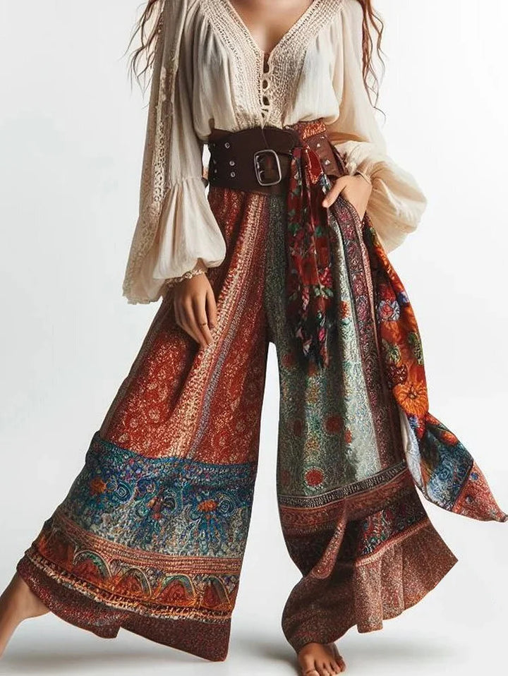 Damen weite Palazzohose mit buntem Mandala-Design und hohem Bund Drune