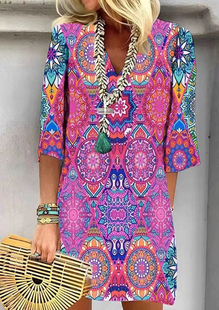 Damen nan kurzes Boho‑Tunika‑Minikleid mit V‑Ausschnitt, Mandala‑Alloverprint und Dreiviertelärmeln Drune