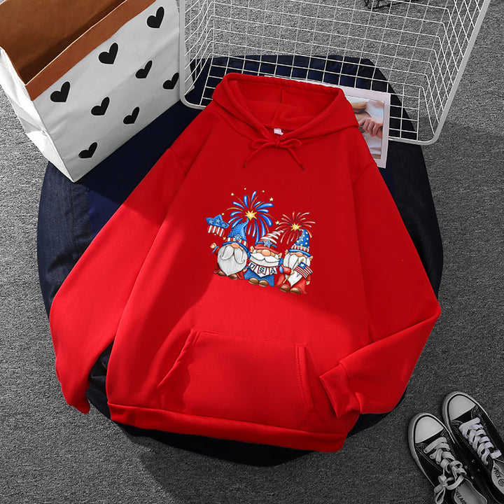 Damen nan Kapuzenpullover mit patriotischem Gartenzwerg-Print, angerautem Fleece-Innenfutter, Oversize-Schnitt und Kängurutasche Drune