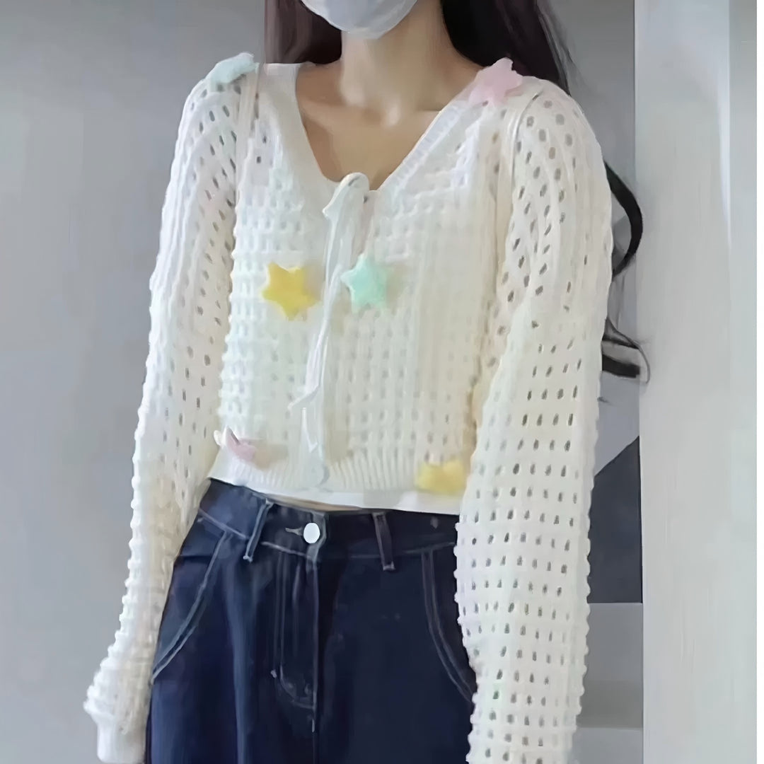 Damen lockerer Strick pullover mit bunten Applikationen Drune