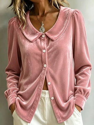 Damen Samt‑Hemdbluse mit Peter‑Pan‑Kragen und Perlmuttknopfleiste Drune