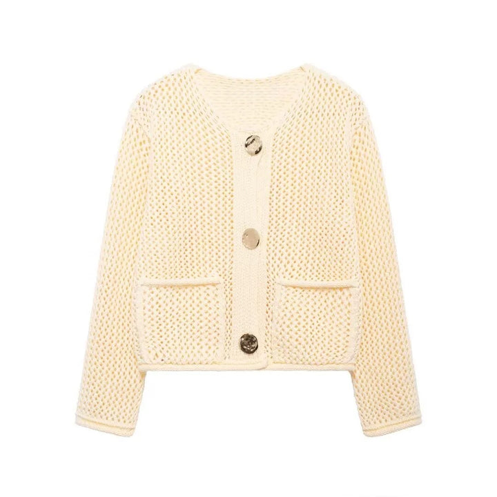Damen Netzstrickjacke mit praktischen Taschen und dekorativen Knöpfen Drune