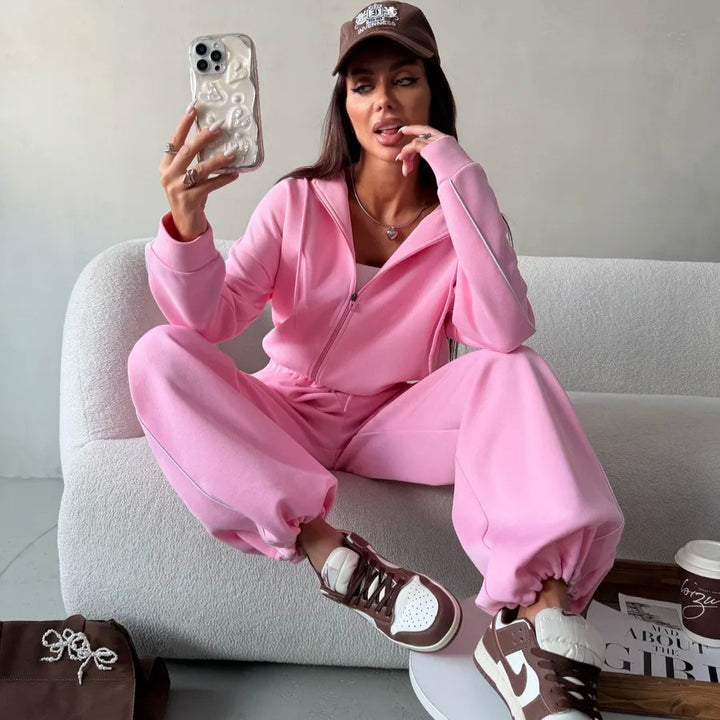 Damen lässiges Lounge-Set aus French-Terry mit Kurzzip-Hoodie und High-Waist Wide-Leg Jogginghose mit Kontrastpaspel Drune