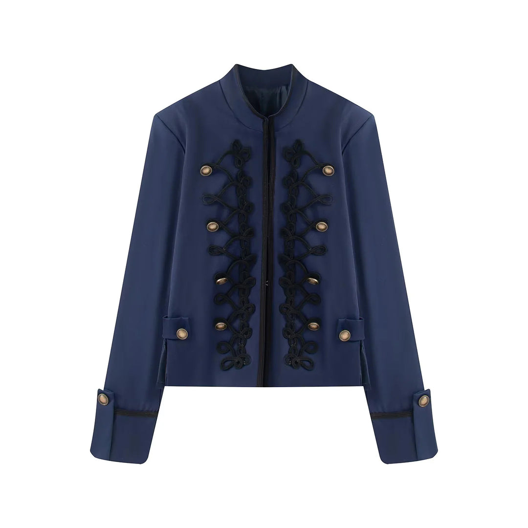 Damen nan kurze Jacke im Uniformstil mit ornamentaler Kordverzierung, Stehkragen und verdecktem Reißverschluss Drune
