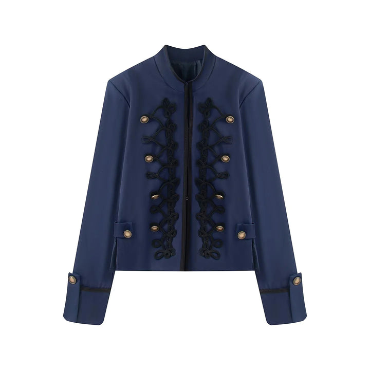 Damen nan kurze Jacke im Uniformstil mit ornamentaler Kordverzierung, Stehkragen und verdecktem Reißverschluss Drune