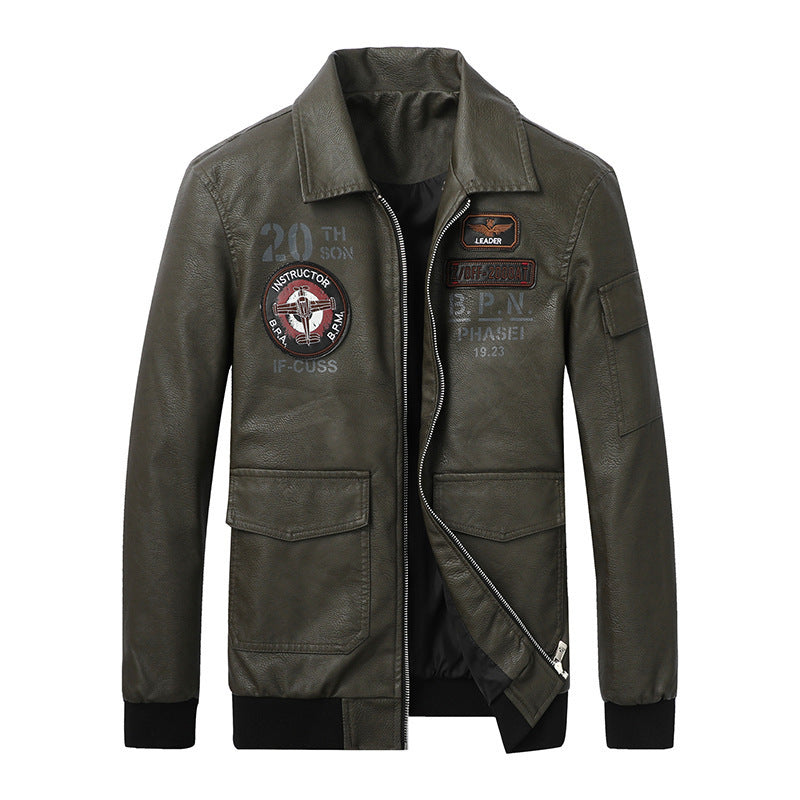 Herren Pilotenblouson im Vintage-Lederlook mit Patch‑Applikationen, Pattentaschen und Ärmel‑Utilityfach Drune