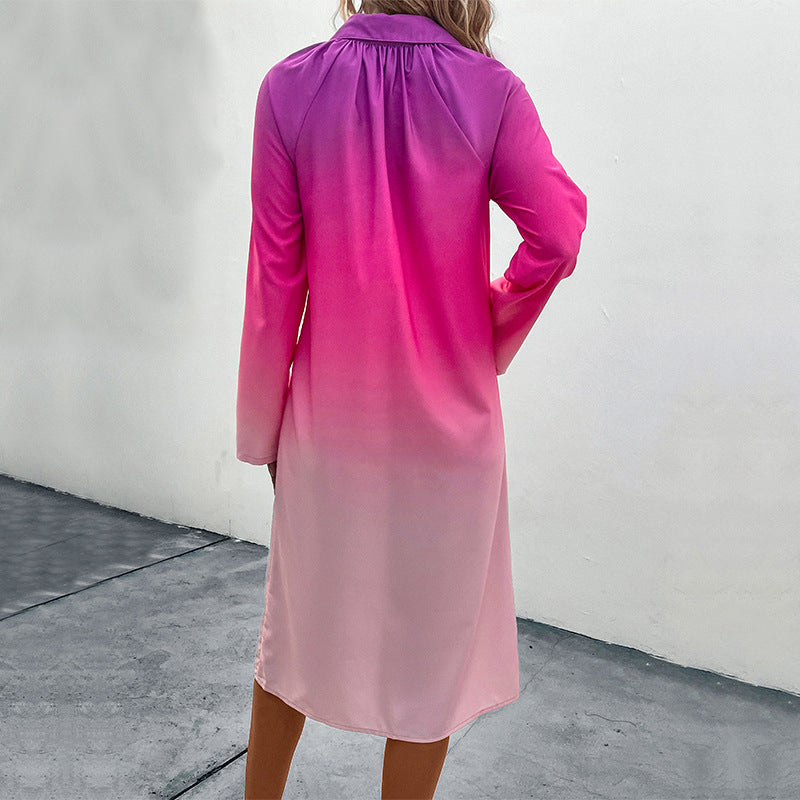 Damen Hemdblusenkleid mit sanftem Farbverlauf, lockerem Schnitt und krempelbaren dreiviertelärmeln Drune