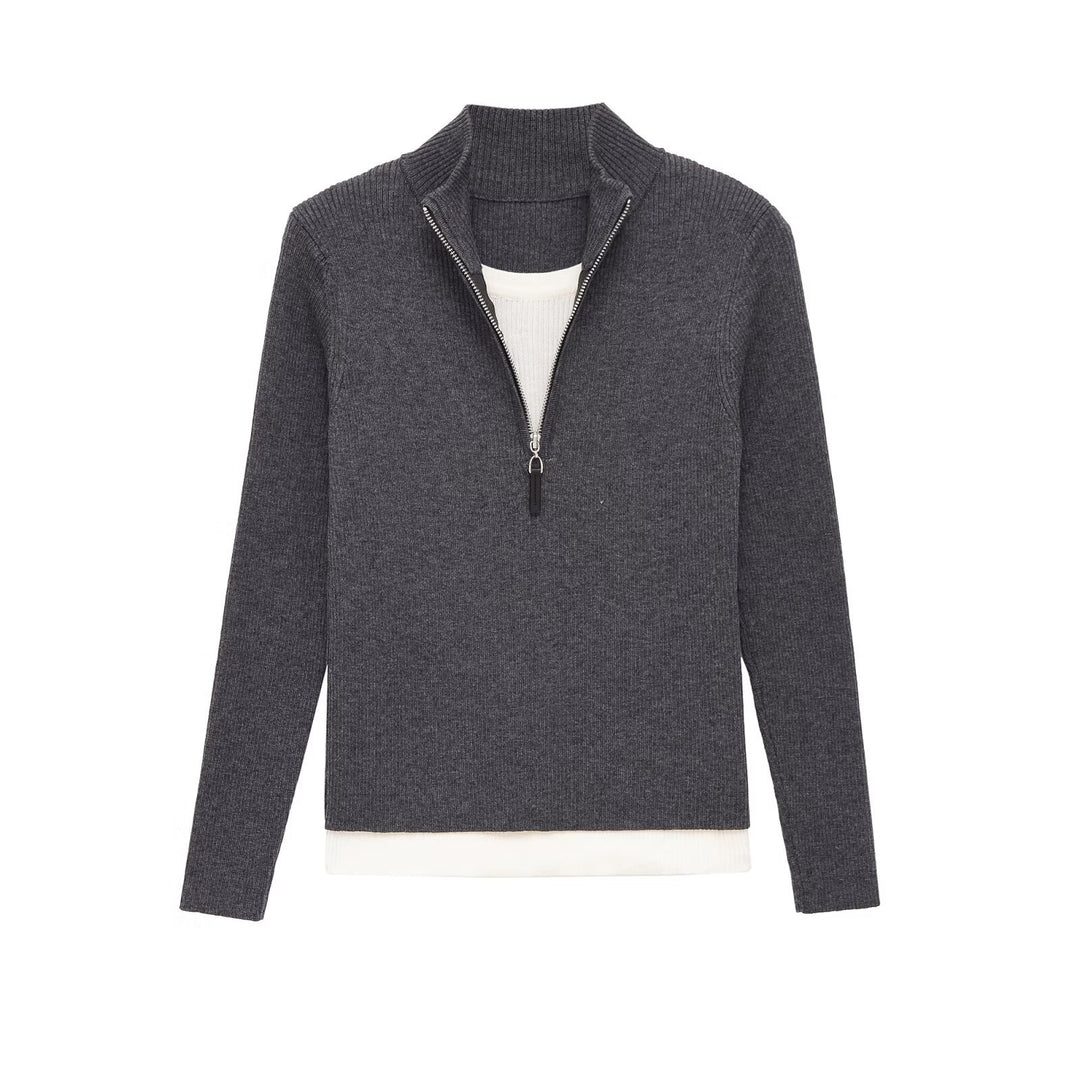 Damen Feinstrickpullover mit halbem Reißverschluss, Stehkragen und Lagenlook-Saum Drune