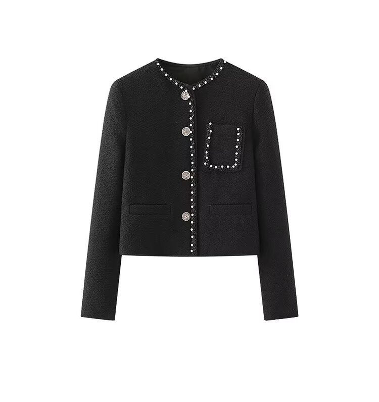 Damen elegante Jacke mit perlenverziertem Kragen und praktischen Taschen Drune