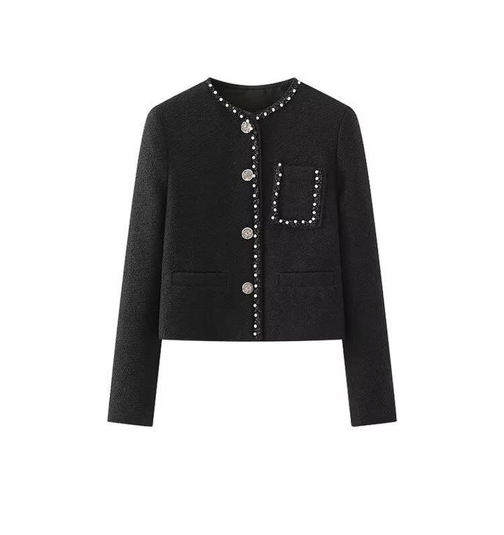 Damen elegante Jacke mit perlenverziertem Kragen und praktischen Taschen Drune