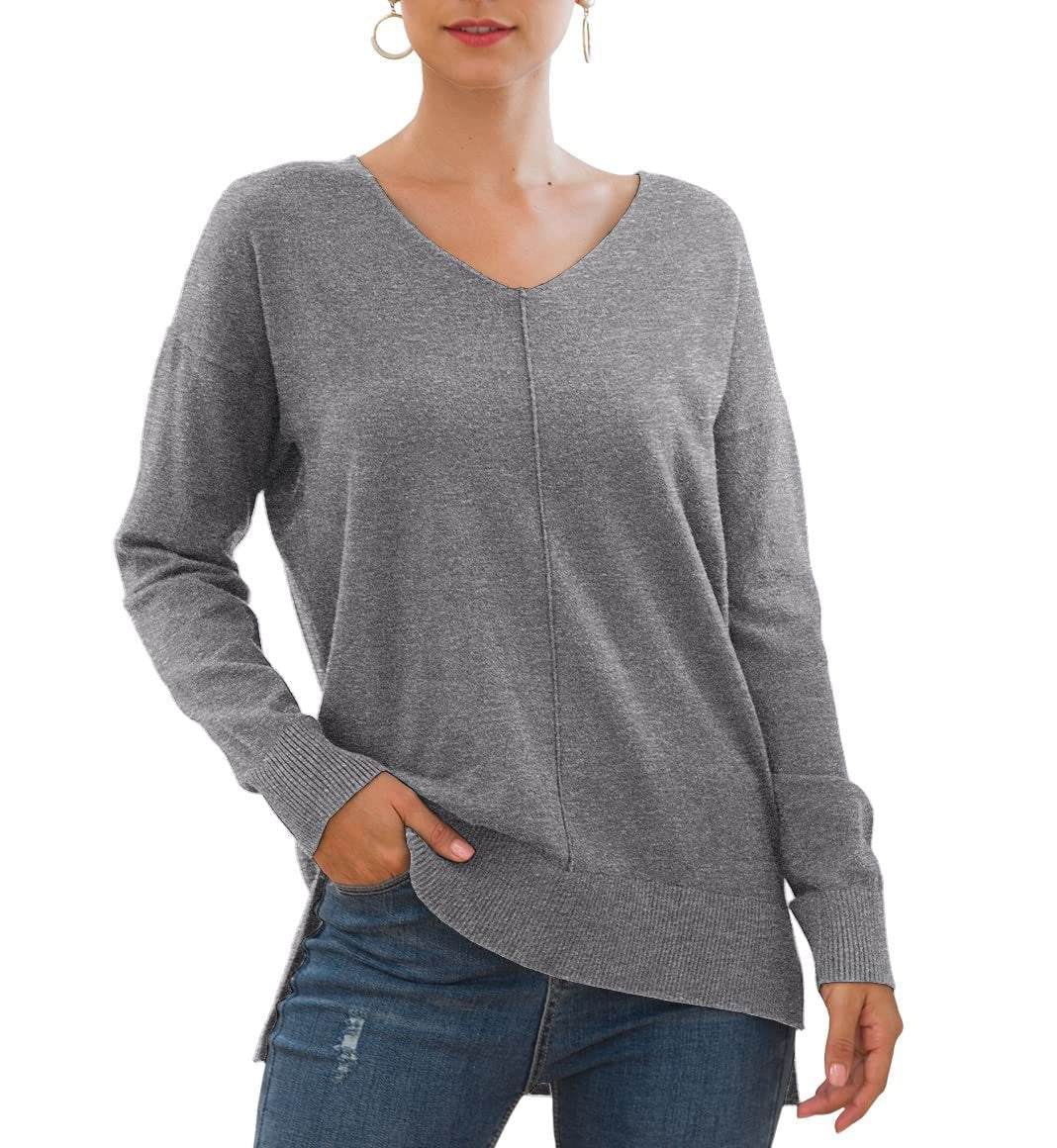 Damen eleganter V-Ausschnitt Pullover mit asymmetrischem Saum Drune