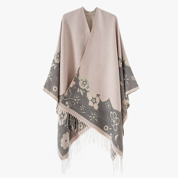 Damen Überwurfponcho im Kimono‑Stil aus Jacquardstrick mit floralem Bordürenmotiv und Fransensaum Drune