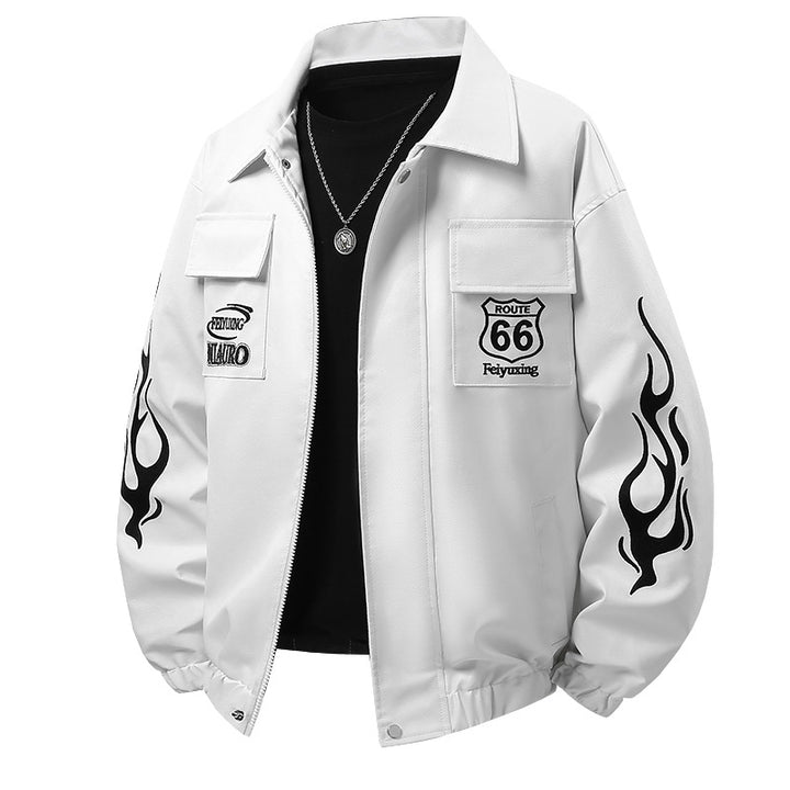 Men's  patch-detail street-style zip-up jacket with stand collar and graphic sleeve prints Drune